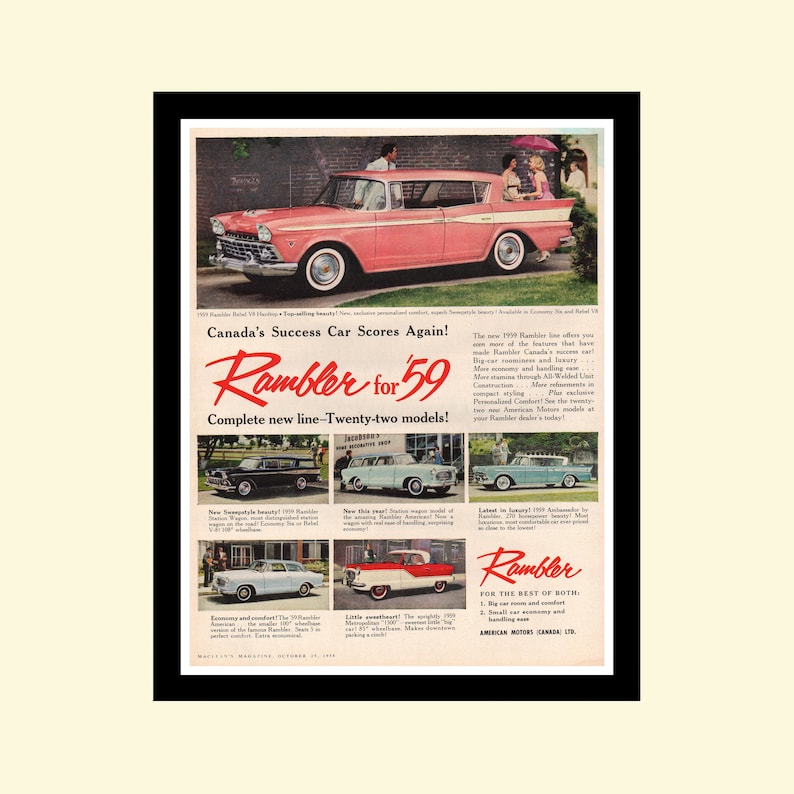 Canadian Rambler Vintage 1959 Rambler 1958 Ad Framed, Retro Classic Car American Motors ...