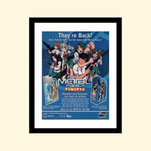 May include: A promotional poster for the anime series "Full Metal Panic? Fumoffu". The poster features a group of anime characters, including Kaname Chidori and Sousuke Sagara, holding guns. The text on the poster reads "They're Back! New Series from the hit show Full Metal Panic!" and "Own it on DVD 5/10/05!"