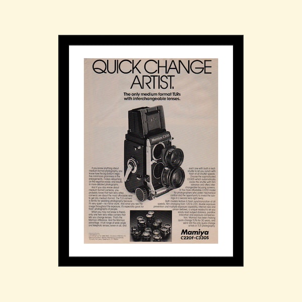 Vintage 1980s Mamiya film camera ad framed, retro photography advertisement 1987 80s