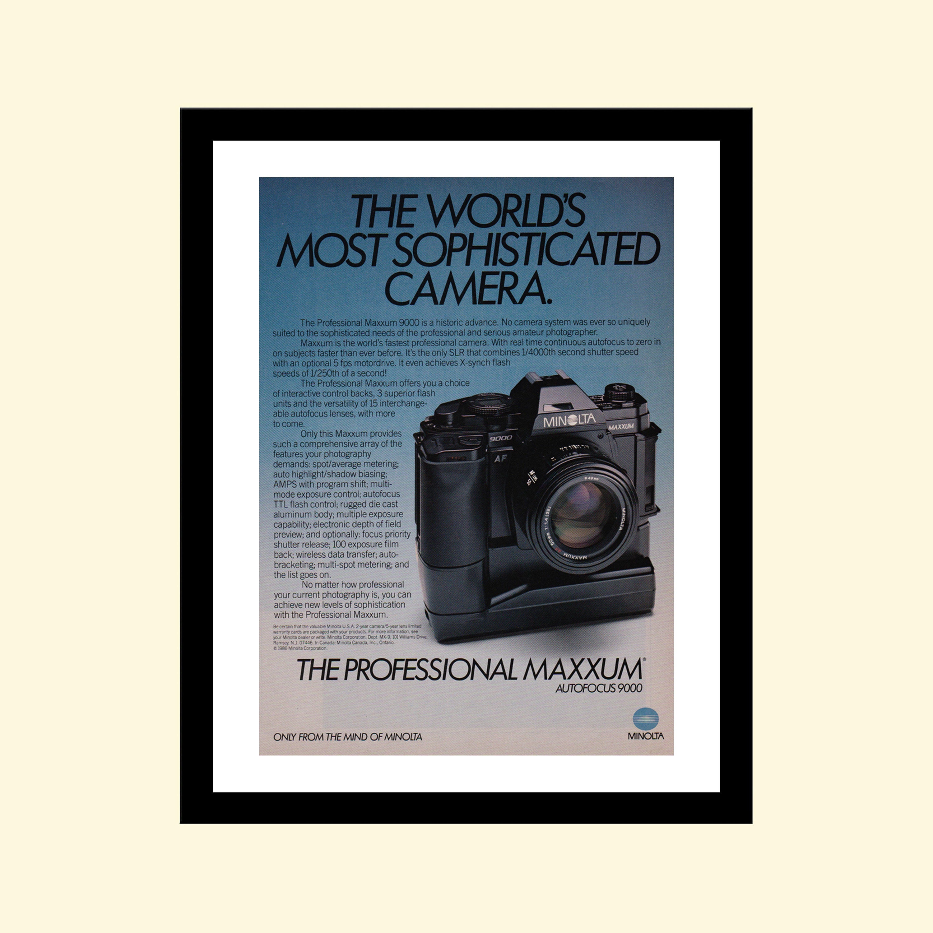 マダムエムページ Vintage 1980s Minolta Maxxum 9000 Film Camera Ad Framed, Retro