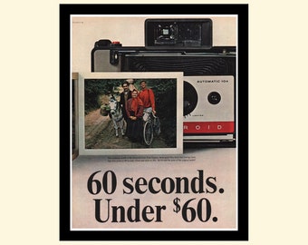 Anuncio de cámara instantánea Polaroid vintage de los años 60 enmarcado, anuncio de fotografía con película retro, revista Look 1965, años 60