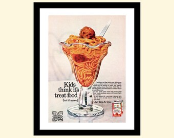 May include: A vintage advertisement for Chef Boy-Ar-Dee spaghetti and meatballs. The image shows a glass bowl filled with spaghetti and meatballs, with the text "Kids think it's treat food (but it's more.)" and "Chef Boy-Ar-Dee" below the bowl. The ad also features a can of Chef Boy-Ar-Dee spaghetti and meatballs.