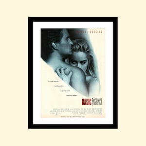 May include: A movie poster for the film "Basic Instinct" starring Michael Douglas. The poster features a close-up of Michael Douglas and Sharon Stone, with the title of the film in large, red letters.