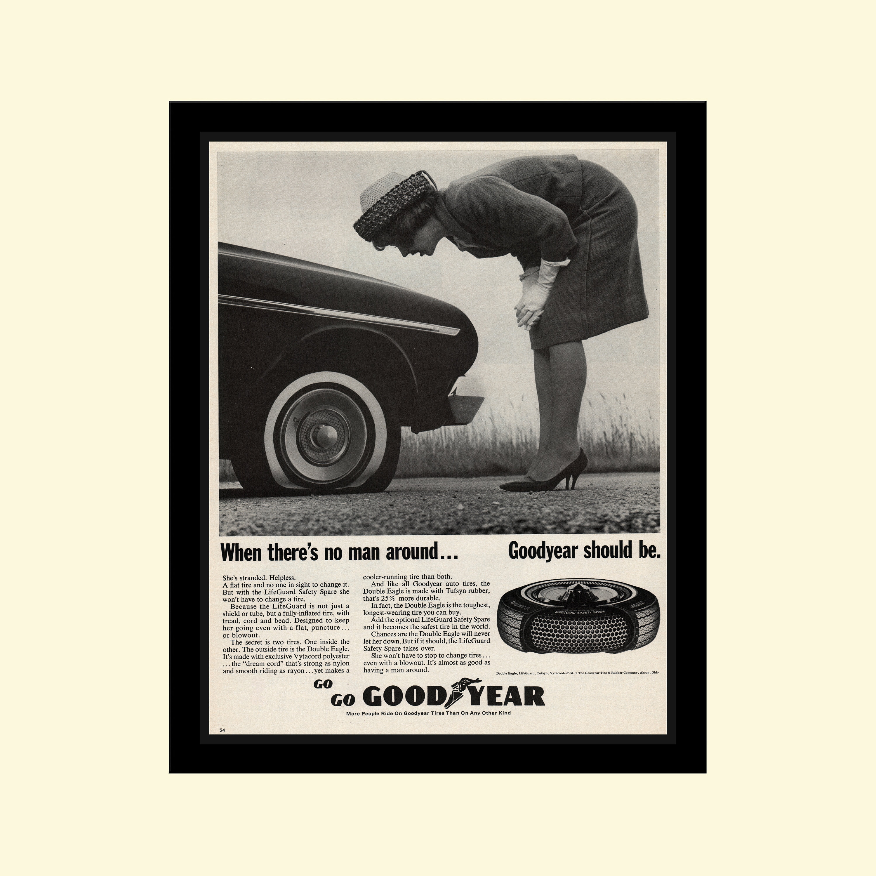 Vintage 1965 Goodyear Sexist Ad Framed, Retro Car Tire Wheel Funny