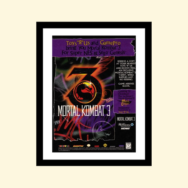 Publicité/affiche imprimée vintage Mortal Kombat SNES Sega Genesis 1993 art prom