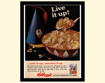 Vintage 1960s Sugar Frosted Flakes ad framed, retro Kellogg's breakfast cereal advertisement Life Magazine 1965 60s