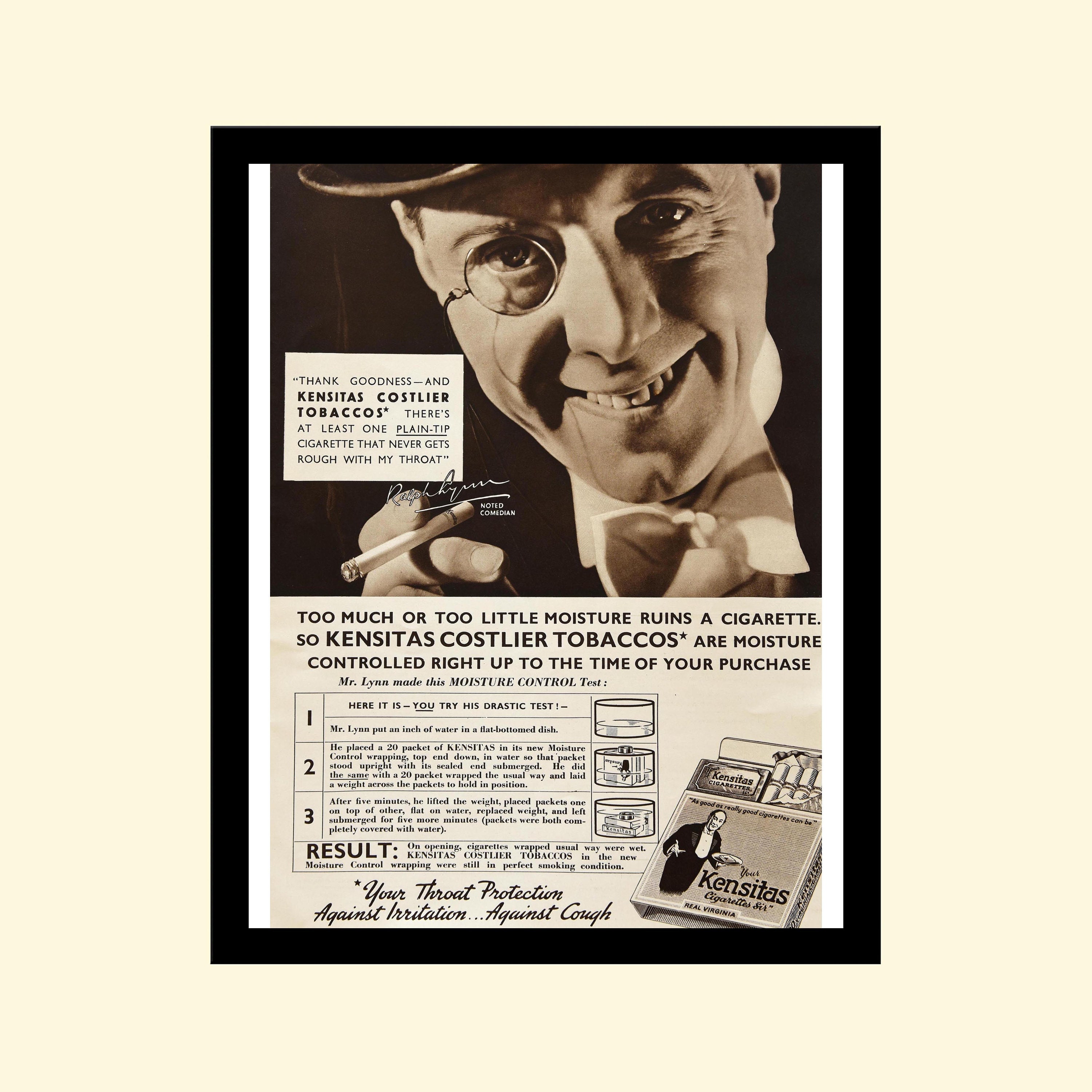 Vintage 1930s Kensitas Cigarette Smoking Ad Framed, Retro Advertisement  1936 30s