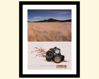 Vintage Timex Expedition Indiglo-advertentie uit de jaren 90 ingelijst, retro digitale sport wandelen avontuur horloge advertentie 1998 90s