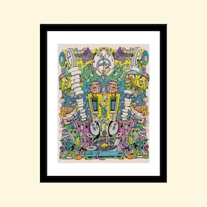 May include: A framed, colorful illustration with a black border. The artwork features a vibrant, cartoonish design with various elements, including monkeys, wings, and musical equipment. The color palette includes yellow, pink, blue, and green.