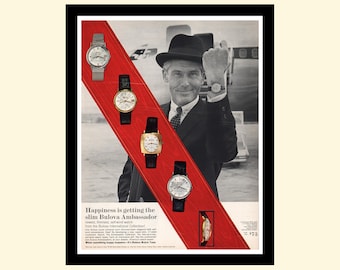 Vintage 1960s Bulova Ambassador Collection watch ad framed, retro slim timepiece advertisement Look Magazine 1965 60s