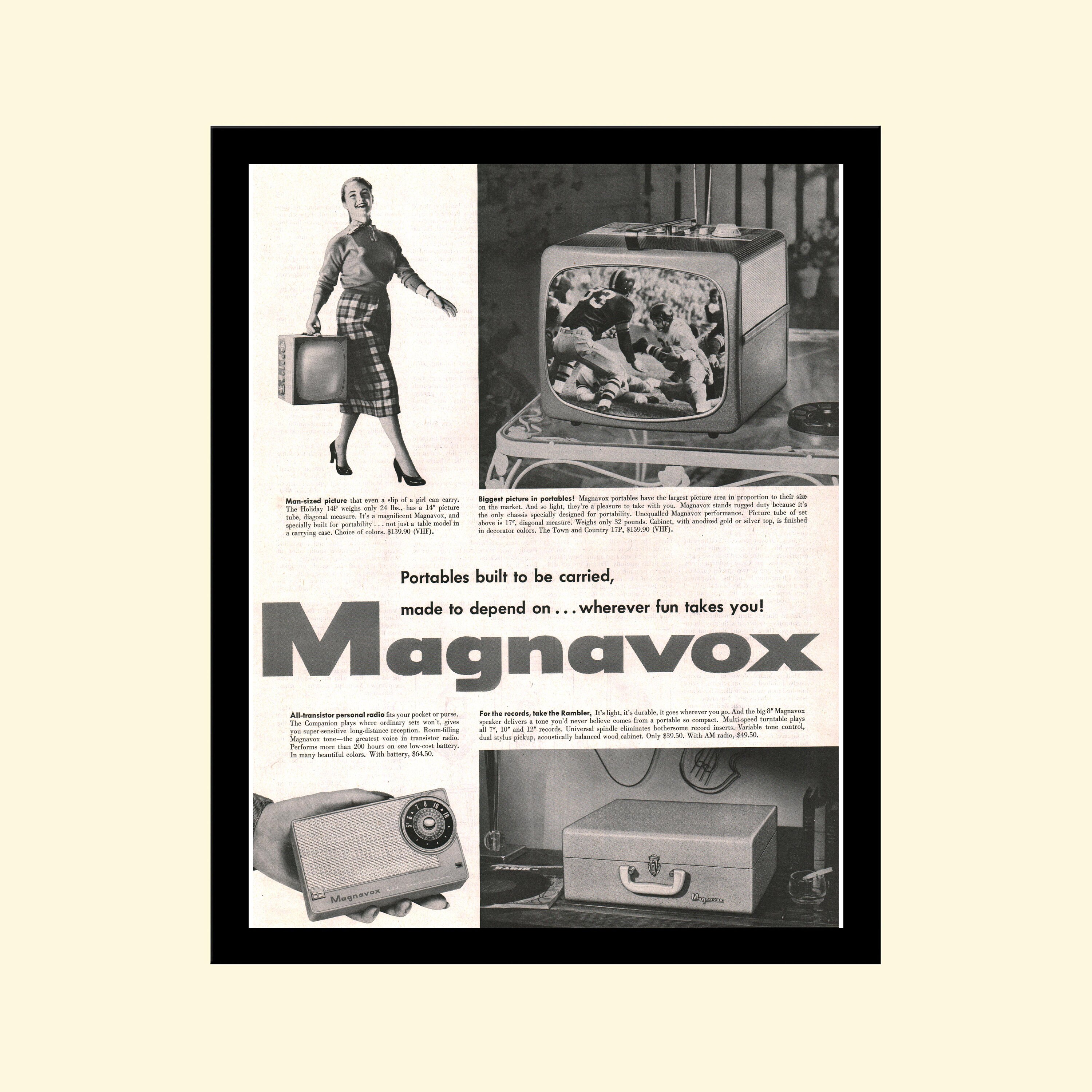 Vintage 1950s Magnavox TV Ad Framed, Retro Television Record