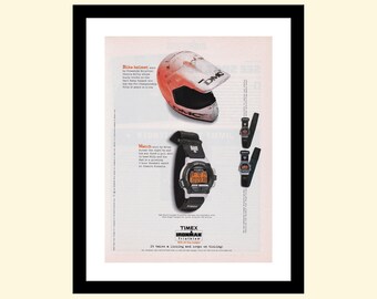 Vintage Timex Indiglo Ironman Triathlon-advertentie uit de jaren 90 ingelijst, retro digitale sporthorloge-advertentie 1998, jaren 90