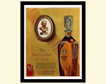 Vintage 1960-talsannons för Old-Dad bourbon whisky inramad, retro whiskyalkoholannons från Look Magazine 1964 60-tal