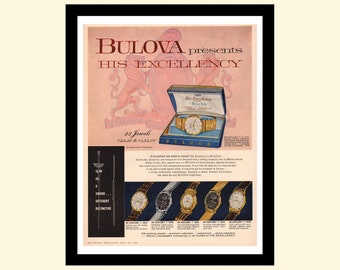 Vintage Bulova-horlogeadvertentie uit de jaren 50 ingelijst, retro His Excellency-uurwerkadvertentie Maclean's 1950 50
