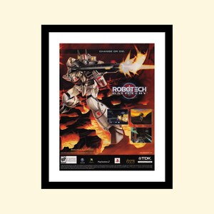 May include: A video game advertisement for Robotech: Battlecry, featuring a white and red robot firing a weapon. The text "Change or die." is at the top of the ad. The text "Robotech Battlecry" is in the center of the ad. The ad states that the game is available Fall 2002 and is for the Playstation 2.