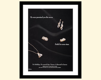 Vintage 1990er Jahre DeBeers Diamant Schmuck eingerahmt, Retro-Werbung 1992 90er Jahre