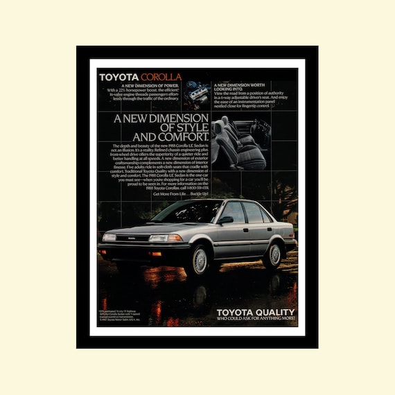 Vintage 1988 Toyota Corolla Ad Framed, Retro Classic Car