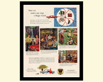 Reklam för vintagebil och körning från 1958 inramad, annons för retro klassisk bil, fordon, touring, roadtrip, Life Magazine 1950-talet, 50-talet