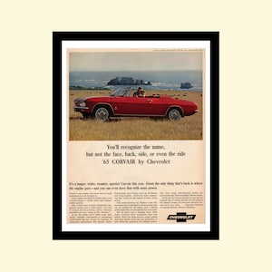 Vintage 1965 Chevy Corvair 1964 ad framed, famous &quot;unsafe at any speed&quot; retro classic car Chevrolet advertisement Look Magazine 1960s 60s