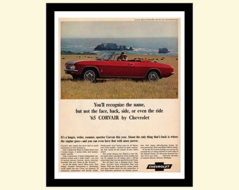 Vintage 1965 Chevy Corvair 1964 ad framed, famous "unsafe at any speed" retro classic car Chevrolet advertisement Look Magazine 1960s 60s