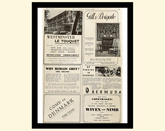 Vintage 1930s magazine ads framed, retro travel hair color furniture hotel advertisement 1936 30s