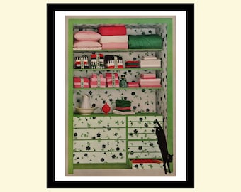 Vintage 1960s fantasy linen closet ad framed, retro home decor black cat advertisement Life Magazine 1964 60s