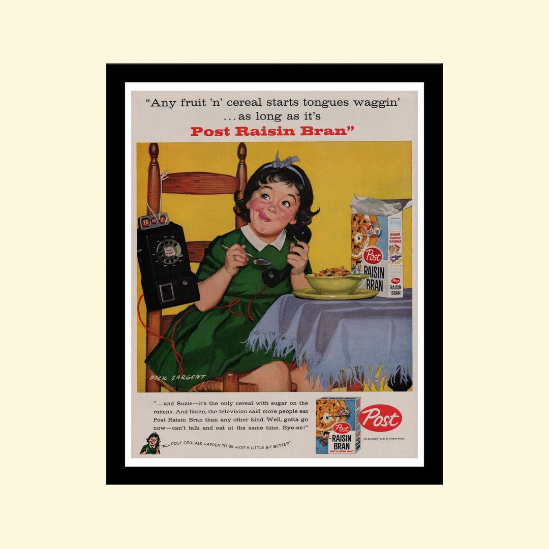 Vintage 1950s Raisin Bran Ad Framed, Retro Post Breakfast Cereal