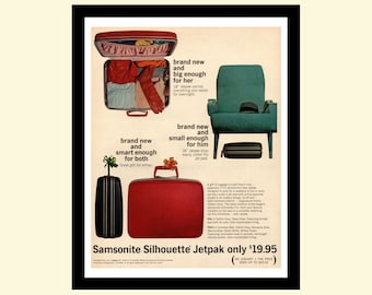 Vintage 1960s Samsonite Silhouette Jetpak luggage ad framed, retro travel bag suitcase case baggage advertisement 1964 60s