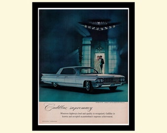 Vintage 1961 Cadillac Sedan de Ville ad framed, retro classic car luxury Caddy vehicle advertisement Life 1960s 60s