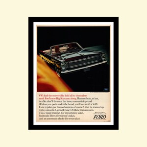 Vintage 1964 Ford Galaxie 500 convertible ad framed, retro classic car vehicle advertisement Look Magazine 1960s 60s