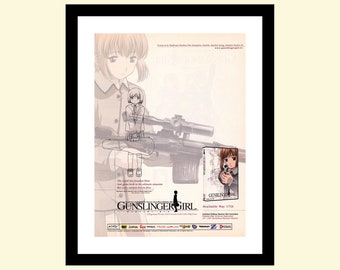 Vintage 2000s Gunslinger Girl ad framed, assassin anime manga Yu Aida, retro advertisement 2005 00s