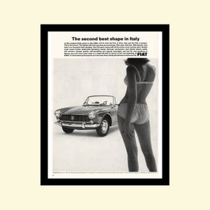 Anúncio vintage da Fiat de 1964, anúncio emoldurado de carro clássico retrô da revista Life, anos 1960 e 60