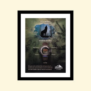 May include: A black and white image of a wolf howling at the moon. The wolf is in a forest setting. Below the wolf is a black and white image of a watch with the text "ADVANCED INSTINCT." and the words "Digital Compass", "Barometer", "Thermometer", "Altimeter", and "Auto Light" around the watch. The text "PATHFINDER by CASIO" is at the bottom of the image.