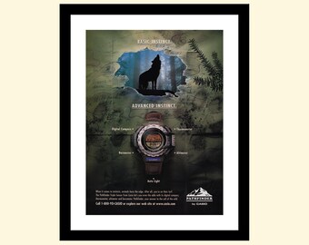 Vintage Casio Pathfinder-advertentie uit de jaren 90 ingelijst, retro digitaal sporthorloge-advertentie 1998, jaren 90