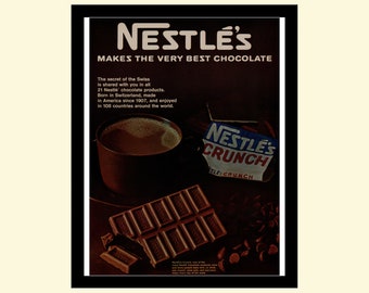 Vintage 1960s Nestle chocolate ad framed, retro hot chocolate candy bar Nestle Crunch advertisement Life Magazine 1967 60s