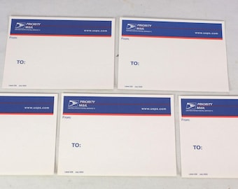 5 etichette vintage USPS Priority Mail con parte superiore blu, numero 288, luglio 2002