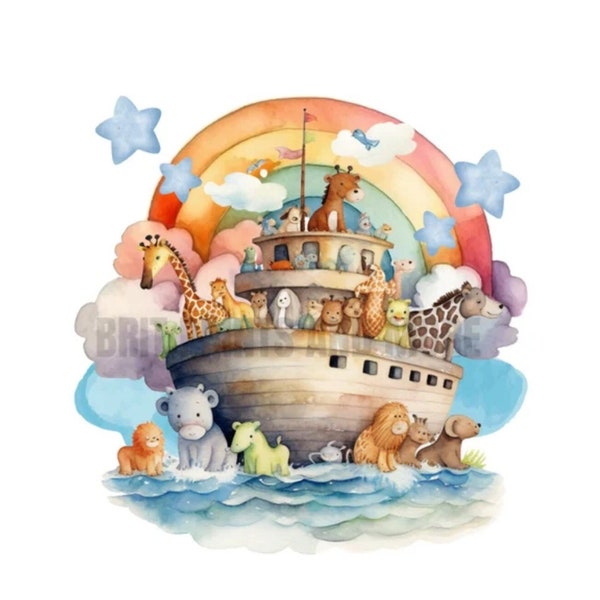 Noah's Ark sublimatie ontwerp, schattige baby clipart PNG-digitale download, kinderkamer decor illustraties, doop illustraties, kinderen illustraties