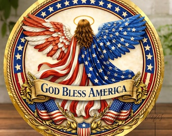 Letrero patriótico con forma de corona de ángel: Dios bendiga a América. Colgador de bienvenida de metal.