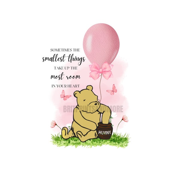 Classic Winnie-the-pooh Pink Balloon Watercolor PNG, Classic-Pooh Scene Clip Art, Classic-Pooh Sublimation, Instant Digital Download