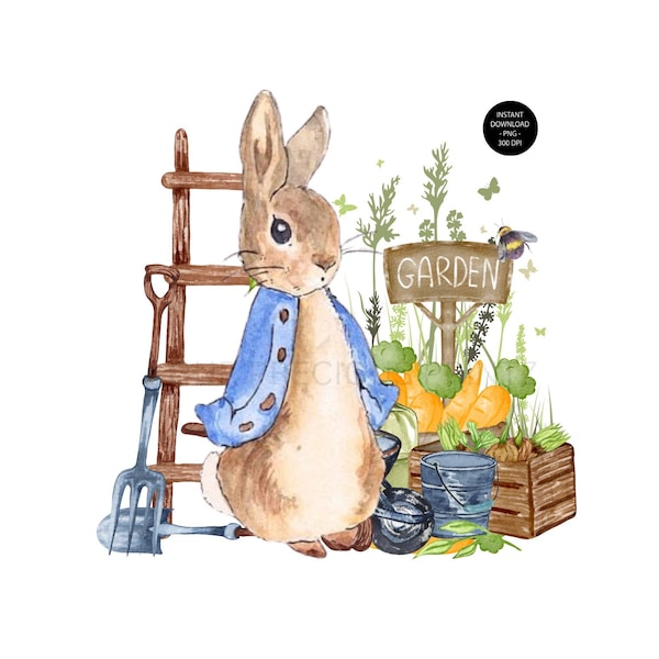 Peter Rabbit Blue Carrots Garden PNG, Blue Jacket Peter Rabbit Flowers Clip Art, Peter Rabbit Sublimation, Instant Digital Download