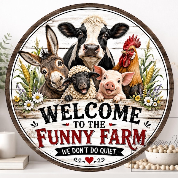 Funny Farm Animals Welcome Metal Wreath Sign: FarmhouseDecor