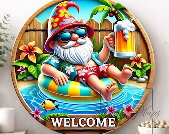 Letrero metálico de corona de gnomo playero de bienvenida: decoración de verano