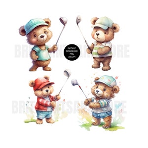 Teddy Bear Golf Watercolor PNG, Golfing Teddies Clip Art, Cute Teddies Golfing Sublimation, Instant Digital Download