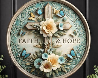 Letrero con corona de cruz: Decoración religiosa redonda de metal con temática de fe y esperanza.