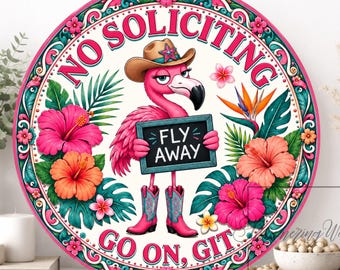 No Soliciting Flamingo Wreath Sign: Aluminum Round Metal Decor