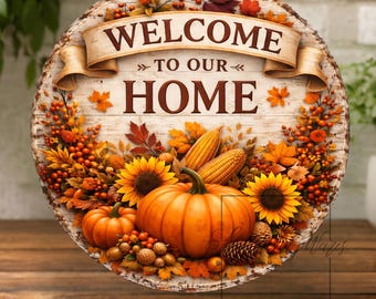 秋のウェルカムラウンドサイン：カボチャのファームハウス風メタルリース装飾
