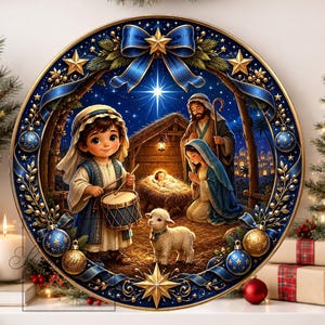 May include: A circular decorative plaque featuring a nativity scene with a child playing a drum, a lamb, and figures of Mary and Joseph near a manger. The scene is framed by a dark blue border with gold stars, blue ribbons, and gold ornaments.