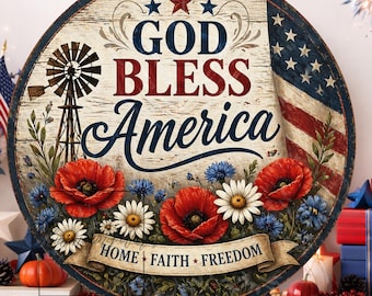 Cartello in metallo con ghirlanda "Patriotic Faith Home Freedom America": decorazione di benvenuto in metallo per il 4 luglio.