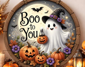 Cartello rotondo "Halloween Boo To You Ghost Pumpkins": decorazione con ghirlanda in metallo per Halloween