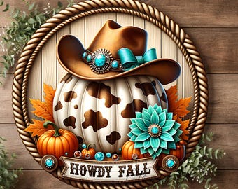 Letrero redondo de bienvenida otoñal del Oeste: Corona metálica de calabazas estilo granja para decoración